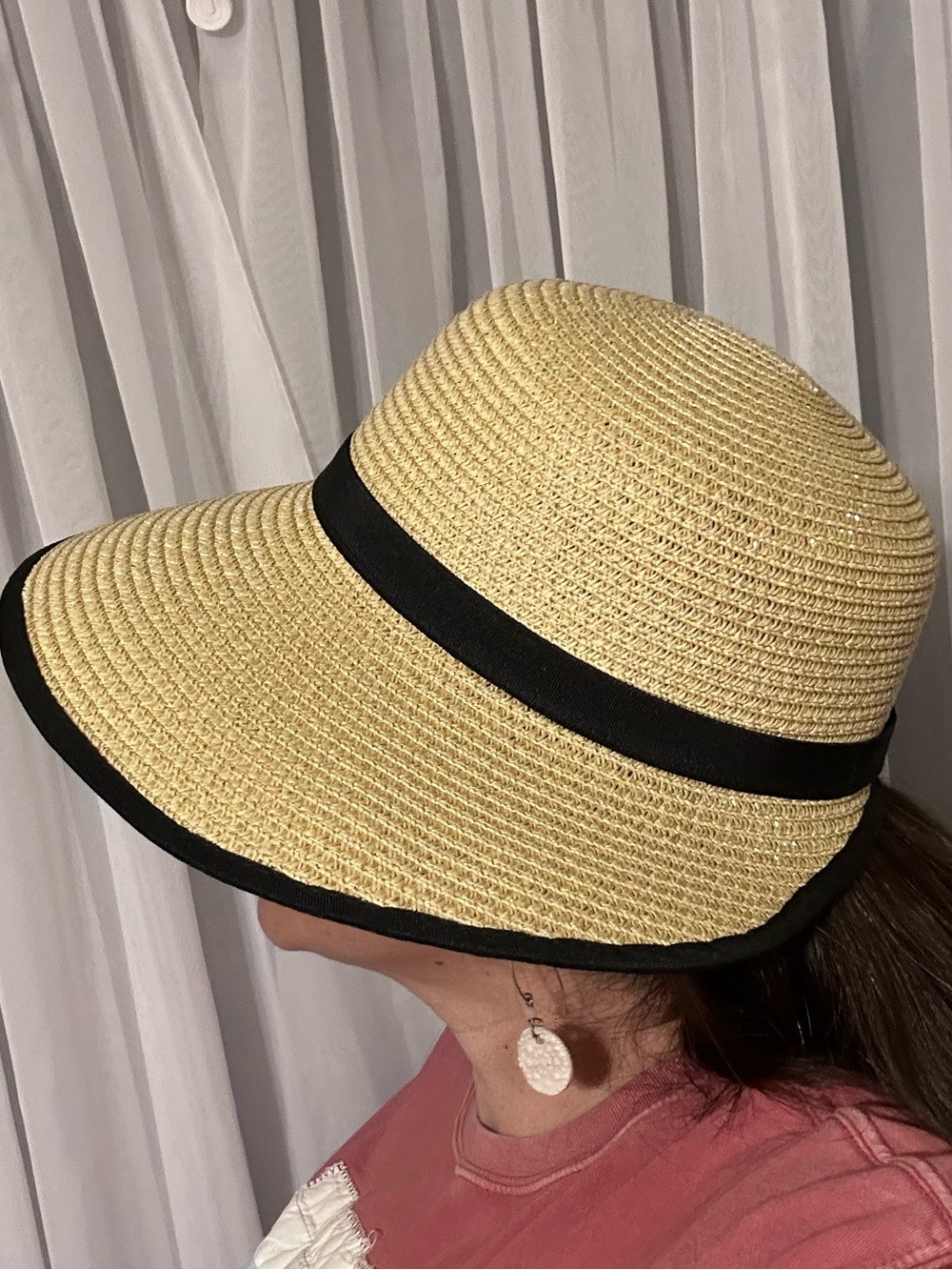 Straw Sun Hat with Black Trim and Band - Picture 2 of 9